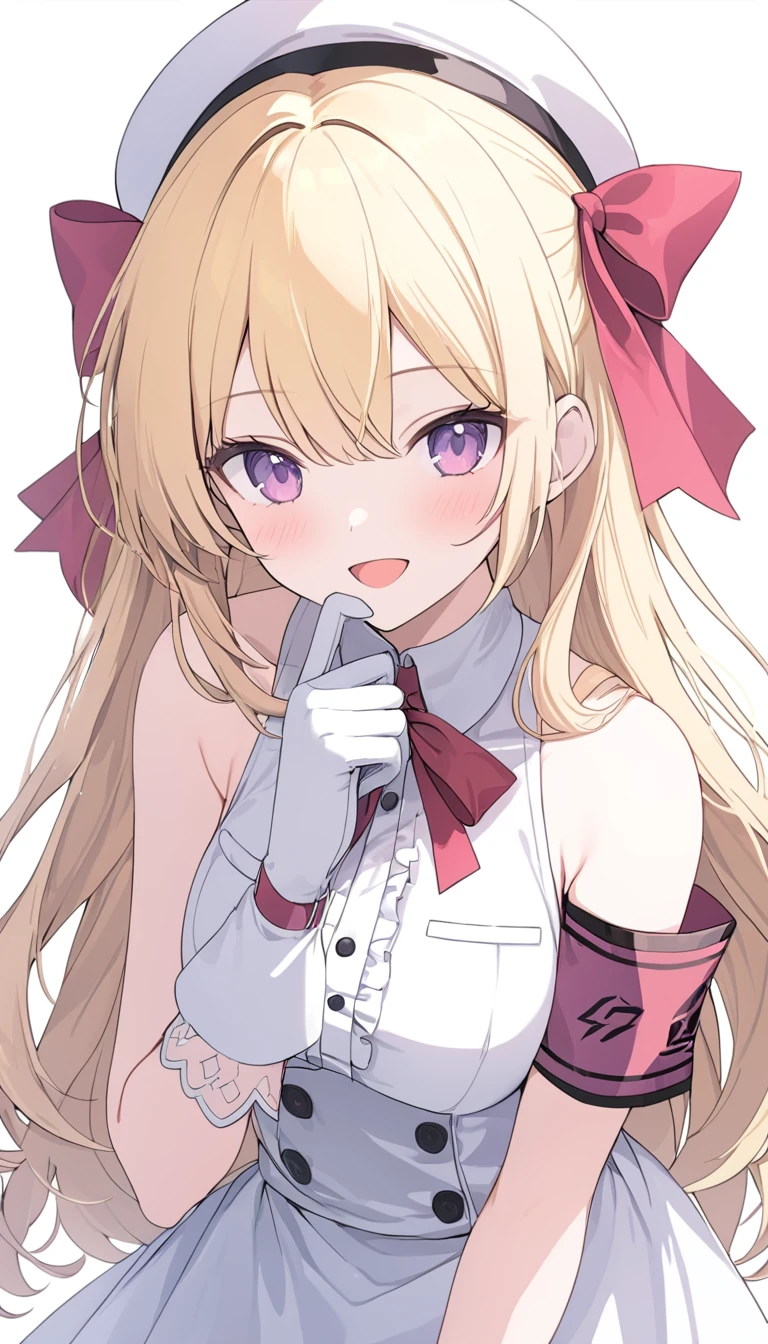 masterpiece, best quality, highres, hs1, light pink eyes, bare shoulders, long sleeves, cleavage, (blonde hair), short hair, scene hair, blunt bangs, pink streaks in hair, (streaky hair), bowtie, red ribbon, huge breasts, cowboy shot, from above, headband, close up, full smile, looking at viewer, jirai kei, simple background, necklaces, ear piercings, pink lipstick, choker, sailor hat
