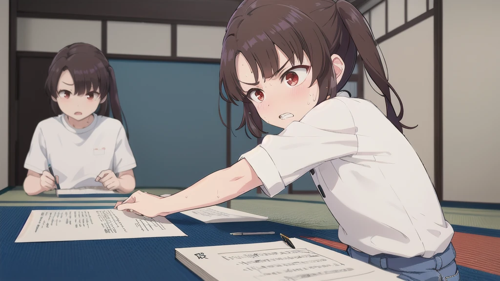 Dilapidated and dark Japanese-style room,blue sky,cloud,On the tatami_Leaning forward while sitting upright,Near the black keyboard,from side, top-down bottom-up,indoor,1 Girl, 独奏, Red eyes,((sanpaku)), Twin tails, brown hair,crawling,((顔 focus)),upper body,White shirt,Blue denim pants, bangs, eyebrows visible through hair, Flat Chest,Look Down,teeth ,annoyed,panicking,Write on loose-leaf paper with a pen,((Sweat)),The crowd stares