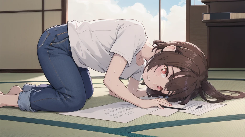 Dilapidated and dark Japanese-style room,blue sky,cloud,On the tatami_Leaning forward while sitting upright,Near the black keyboard,from side, top-down bottom-up,indoor,1 Girl, 独奏, Red eyes,((sanpaku)), Twin tails, brown hair,crawling,((顔 focus)),upper body,White shirt,Blue denim pants, bangs, eyebrows visible through hair, Flat Chest,Look Down,teeth ,annoyed,panicking,Write on loose-leaf paper with a pen,((Sweat)),The crowd stares