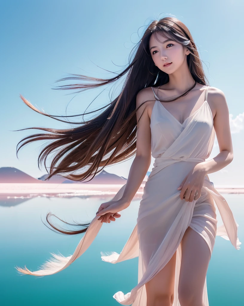 (Highest quality, 32k, High resolution, Masterpiece:1.5), marimo_jet, god々A photograph with brilliant dazzling and healing power., Expressing emotions, Have a rich imagination, Beautiful Japanese Girls, An exceptionally beautiful face, Small Face Beauty, ((whole body:1.3)), Perfect Human Anatomy, Magical big eyes, Motherhood and generosity, Deep Love, fleeting smile, Shiny black hair, Beautiful super long hair swaying in the wind, Asymmetrical bangs, Hair between the eyes, Transparent, soft white skin, Sharp eyebrows, Thin lashes, Natural Makeup, Cheek highlighter, Pale pink detailed lips, (Red dress:1.3), ((High resolutionの美しい太もも)), ((Distant Horizon:1.5)), ((Salar de Uyuni stretches to the horizon:1.3)), ((The earth reflects the sky like a mirror:1.3)), Beautiful detailed blue sky, Professional photographer, Professional Lighting, Professional models