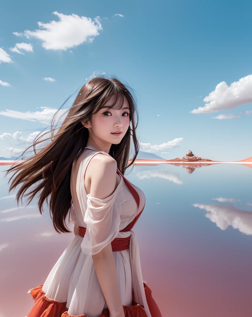 (Highest quality, 32k, High resolution, Masterpiece:1.5), marimo_jet, god々A photograph with brilliant dazzling and healing power., Expressing emotions, Have a rich imagination, Beautiful Japanese Girls, An exceptionally beautiful face, Small Face Beauty, ((whole body:1.3)), Perfect Human Anatomy, Magical big eyes, Motherhood and generosity, Deep Love, fleeting smile, Shiny black hair, Beautiful super long hair swaying in the wind, Asymmetrical bangs, Hair between the eyes, Transparent, soft white skin, Sharp eyebrows, Thin lashes, Natural Makeup, Cheek highlighter, Pale pink detailed lips, (Red dress:1.3), ((High resolutionの美しい太もも)), ((Distant Horizon:1.5)), ((Salar de Uyuni stretches to the horizon:1.3)), ((The earth reflects the sky like a mirror:1.3)), Beautiful detailed blue sky, Professional photographer, Professional Lighting, Professional models