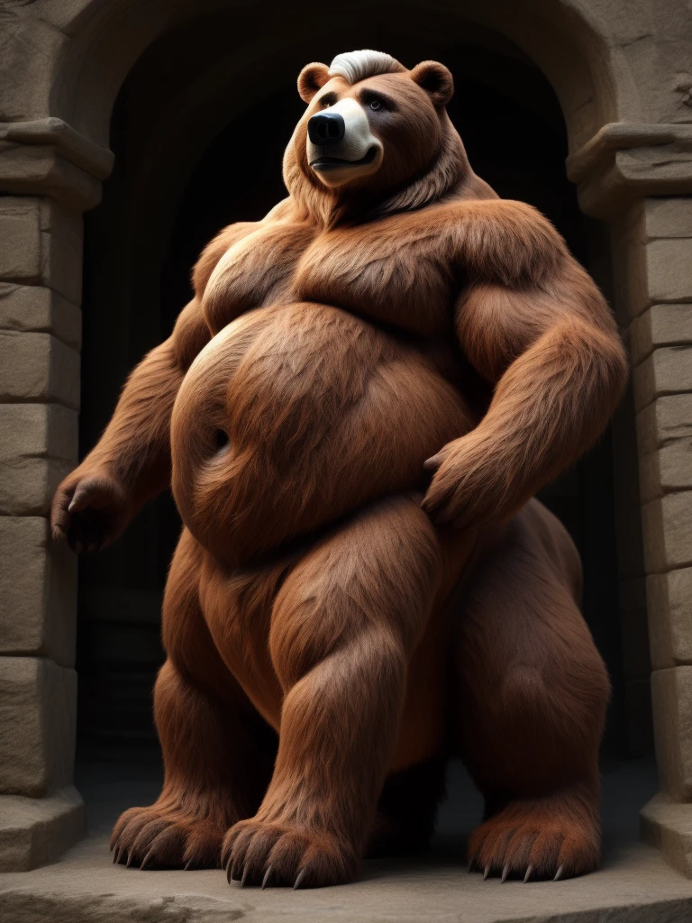 furry, fur taur, beartaur, middle-age,1man, solo, old, detailed face, bear ears, bear eyes(brown), bear nose(black), bear mouth, garibaldi beard(white), mature hair(white), detailed arms(strongest), hands(5 fingers), detailed body belly, muscular, muscular belly(white), chubby, detailed taur body, bear paws, bear tail