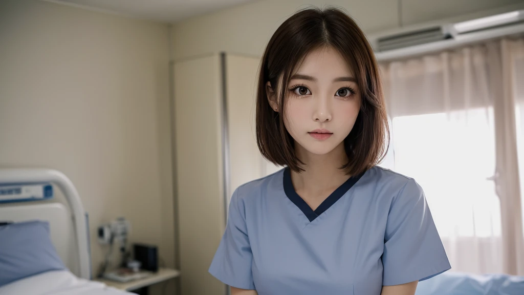 (1 Girl )、(Beautiful Japanese、28years old,round face、Refreshing、clear、seems kind、stylish、Pitiful、cute like an angel、cute、black eyes、(Single eyelid:1.3)、Beautiful skin), {(Japan human face:1.4),(General facial features)} , (((Beautiful breasts:0.4))),(((soft breasts))),(very cute),(short bob hair,brown hair,),(enchanting eyes),(highlight on eyes:1.2)、(8K、Live shooting、highest quality、masterpiece:1.2、optimal lighting)、((masterpiece)),(Photo taken by a professional photographer),(real、photo real:1.4),BREAK,{((taraditional nurse uniform)),nurse cap},(cleavage:0.5)},(cheeks are red:1.3), break, hospital,Face shot:1.0、 face close-up,,(((1970s vibe)))、(Hospital room,bed),standing,(((ennui)))、(((後ろ姿)))