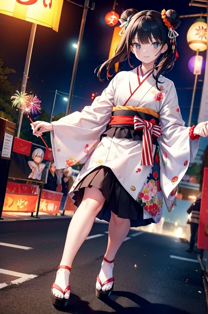 Takada Rokka, Black Hair, blue eyes, Long Hair, orange Scrunchie, Scrunchie, wrist Scrunchie,White Kimono,Sandals,日本のfestival,夏festivalの屋台,Red lantern,Hair Bun, double  Hair Bun,happy smile, smile, Open your mouth,Fireworks,The place is a fireworks display、Time is night,Walking,whole bodyがイラストに入るように,
break outdoors, festival,
break looking at viewer, whole body,
break (masterpiece:1.2), Highest quality, High resolution, unity 8k wallpaper, (shape:0.8), (Fine and beautiful eyes:1.6), Highly detailed face, Perfect lighting, Highly detailed CG, (Perfect hands, Perfect Anatomy),