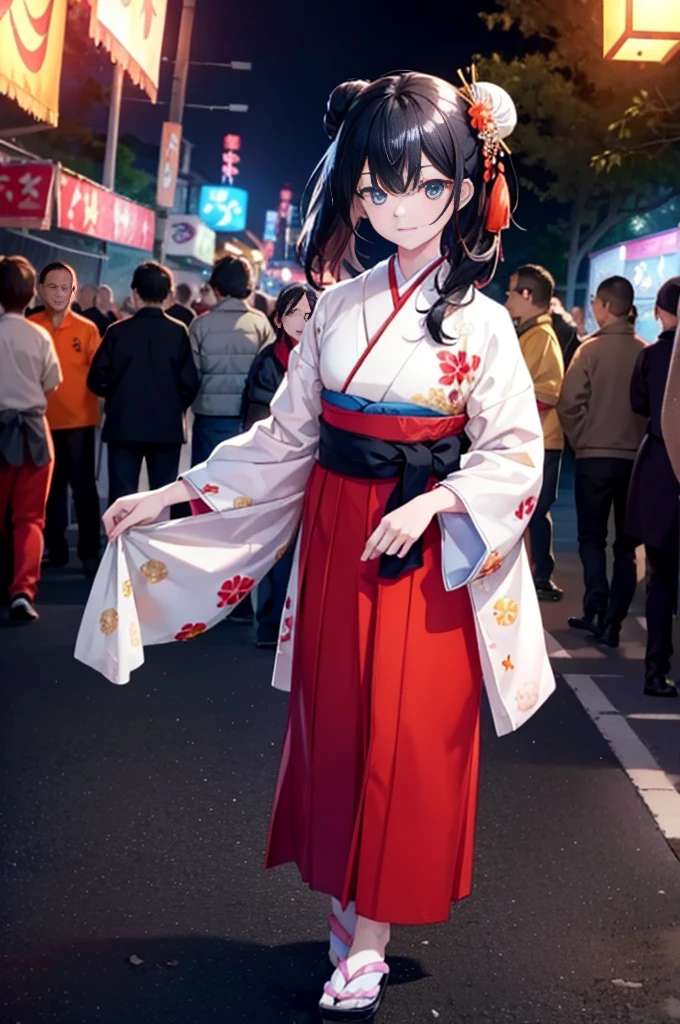 Takada Rokka, Black Hair, blue eyes, Long Hair, orange Scrunchie, Scrunchie, wrist Scrunchie,White Kimono,Sandals,日本のfestival,夏festivalの屋台,Red lantern,Hair Bun, double  Hair Bun,happy smile, smile, Open your mouth,Fireworks,The place is a fireworks display、Time is night,Walking,whole bodyがイラストに入るように,
break outdoors, festival,
break looking at viewer, whole body,
break (masterpiece:1.2), Highest quality, High resolution, unity 8k wallpaper, (shape:0.8), (Fine and beautiful eyes:1.6), Highly detailed face, Perfect lighting, Highly detailed CG, (Perfect hands, Perfect Anatomy),