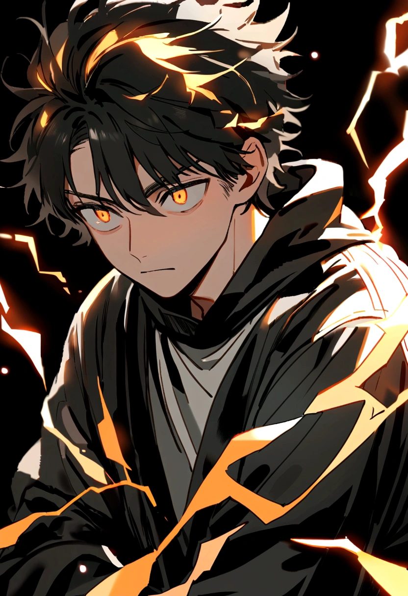 Man 17 years old Long black hair black and white sweatshirt with orange electricity on his body with a worried look