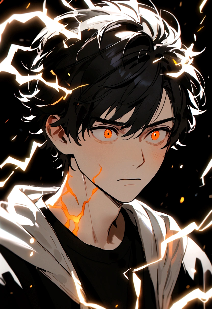 Man 17 years old Long black hair black and white sweatshirt with orange electricity on his body with a worried look