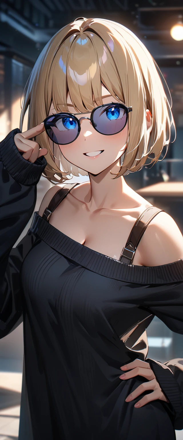 (((One girl))), peace fingers, (((from behind))), (((back view))), blond hair, ((sunglasses, hand to sunglasses)), ((one hand on hip)), (bob cut:1.3)), breasts, cleavage, (cowboy shot), standard body, (looking at viewer), oversized clothes, puffy long sleeves, collarbone, ((aran sweater)), ((off-shoulder sweater dress:1.3, Quite thick shoulder straps)), (((sleeves past wrists:1.3))), ((black sweater)), teenager, head tilt:1.3, (((blue eye))), ((happy smile)), (((anime style))), (best quality, 4k, 8k, highres, masterpiece:1.2, ultra-detailed, ultra-detailed eyes, HDR, UHD, studio lighting, ultra-fine painting, sharp focus, physically-based rendering, extreme detail description, professional, vivid colors, bokeh), ((Highest quality, Best image quality, Ultra-high resolution, Ultra-high resolution, solo, Strong eye highlights)), Depth of written boundary, Natural soft light, attractive, Beautiful Face, Cleanliness, Pure Face, nedium chest, Beautiful Face, Perfect Fingers, Perfect hands, Perfect body, Perfect Face, Shine a light into your eyes, Perfect Anatomy