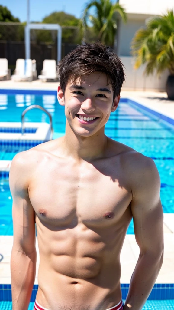 male Age 28 swimwear lifeguard topless smile