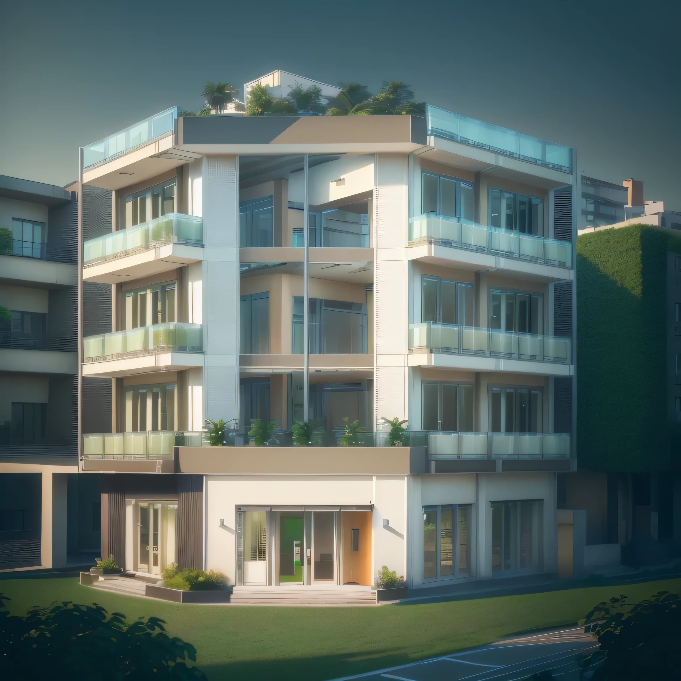 Modern townhouse with balcony, green trees, office coffee, office for rent, urban residential area landscape, best quality, 8k, high resolution, masterpiece, super detailed, realistic , optical, photorealistic, HDR, UHD, studio lighting, ultrasharp painting, sharp focus, physically based production, ultra detailed, professional, bokeh, architectural, cityscape, modern architecture, residential area, cafe, office.