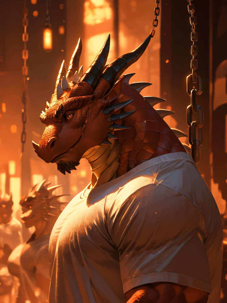 (tall) (muscular) (dragon:1.1), (white T-shirt), (chain), (detailed eyes), (detailed lips), (strong pose), [background:0.9], (best quality:1.2), (ultra-detailed), (realistic:1.37), [HDR], [studio lighting], (vivid colors), [bokeh], (portraits), (strong contrast), (warm color tone), (soft lighting)