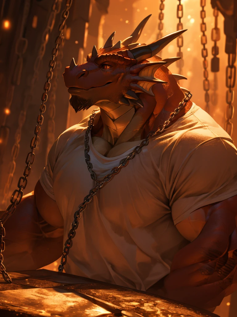 (tall) (muscular) (dragon:1.1), (white T-shirt), (chain), (detailed eyes), (detailed lips), (strong pose), [background:0.9], (best quality:1.2), (ultra-detailed), (realistic:1.37), [HDR], [studio lighting], (vivid colors), [bokeh], (portraits), (strong contrast), (warm color tone), (soft lighting)
