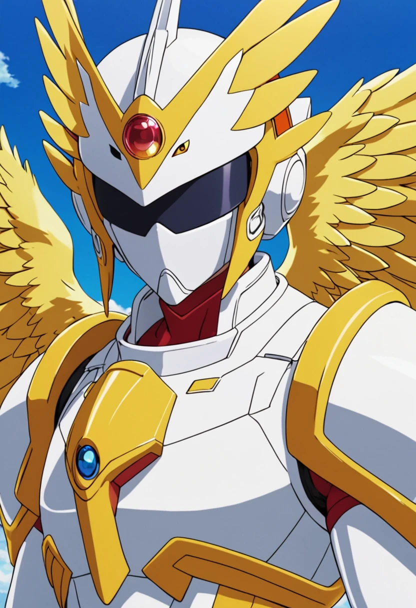 (Angemon de Digimon Adventure), 1man, solo, blonde hair, head wings, helmet, (covered eyes:1.7), long hair, white battlesuit, angel wings, feathered wings, wings, anime screencap, american cowboy shot, masterpiece, the best quality, super detailed