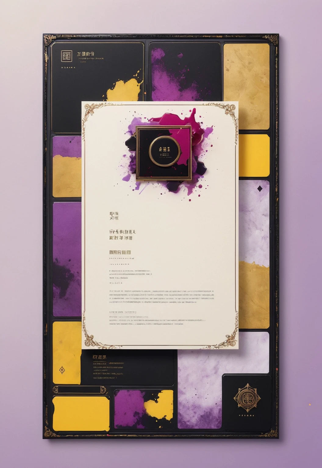 A card border UI，Modern urban minimalist style，Suspense style，Character profiles。Leave a square blank space in the middle，There is a ruby under the bezel。Parchment backing，There are blood stains on it。Black and White、yellowish、Lilac main color。