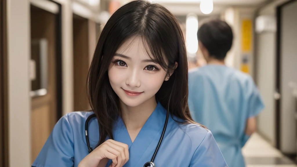 (1Girl )、(Beautiful Japanese,round face、Refreshing、clear、seems kind、stylish、Pitiful、cute like an angel、cute、black eyes、(Single eyelid:1.3)、Beautiful skin), {(Japan human face:1.4),(General facial features)} , (((Beautiful breasts:0.4))),(((soft breasts))),(very cute),(,black hair,),(enchanting eyes),(highlight on eyes:1.2)、(8K、Live shooting、highest quality、masterpiece:1.2、optimal lighting)、((masterpiece)),(Photo taken by a professional photographer),(real、photo real:1.4),BREAK,((taraditional nurse uniform))},(cleavage:0.5)},( Smile),(cheeks are red:1.3), break, hospital,Face shot:1.0、 face close-up,,(((1970s vibe)))、Hospital corridor,dynamic angle,looking at viewer