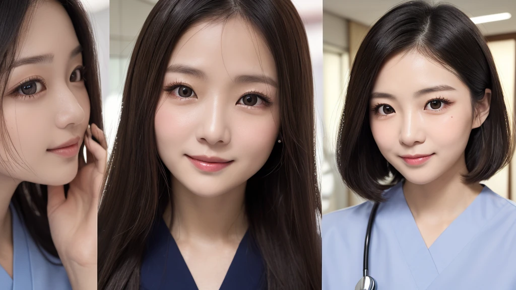 (1Girl )、(Beautiful Japanese,round face、Refreshing、clear、seems kind、stylish、Pitiful、cute like an angel、cute、black eyes、(Single eyelid:1.3)、Beautiful skin), {(Japan human face:1.4),(General facial features)} , (((Beautiful breasts:0.4))),(((soft breasts))),(very cute),(,black hair,),(enchanting eyes),(highlight on eyes:1.2)、(8K、Live shooting、highest quality、masterpiece:1.2、optimal lighting)、((masterpiece)),(Photo taken by a professional photographer),(real、photo real:1.4),BREAK,((taraditional nurse uniform))},(cleavage:0.5)},( Smile),(cheeks are red:1.3), break, hospital,Face shot:1.0、 face close-up,,(((1970s vibe)))、Hospital corridor,dynamic angle,looking at viewer