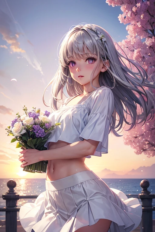 Realistic, One girl, Realistic characters, Gray Hair, Purple eyes, Glowing Eyes, Crop top, skirt, Part your lips, blush, night, Flowers, sun, sunlight, white skirt, short skirt, Medium length hair, Genuine, Warm colors, White short dress, White clothes, Light background color, Daytime environment, Light color background, Saudi, Ocean, cute,