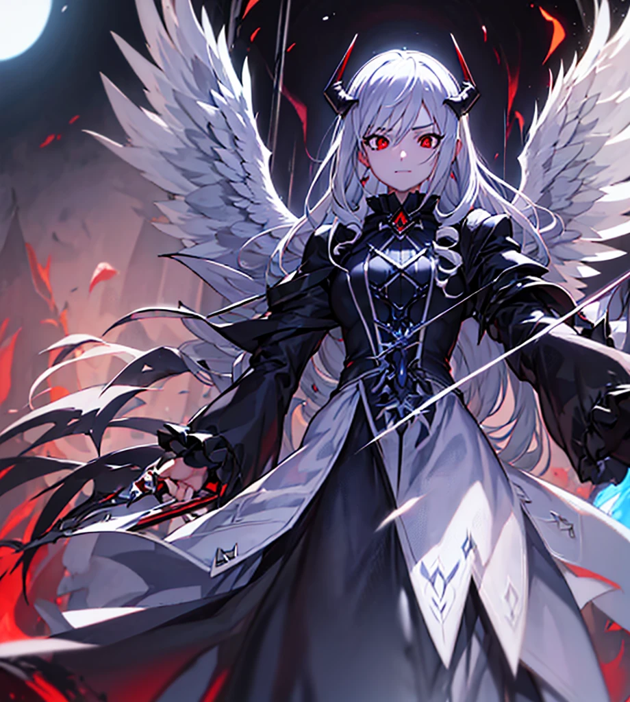 Silver hair, twin drills, abyss, large black wings, jet black sword in one hand, countless swords wrapped around his body, sharp gaze, red light running through his eyes, raised corners of his mouth, open arms, blue flames, all alone, scary smile