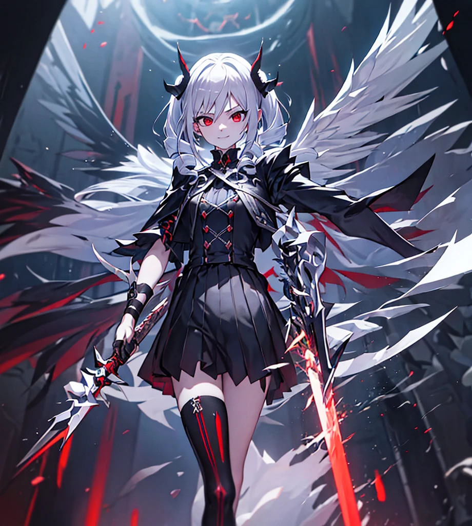 Silver hair, twin drills, abyss, large black wings, jet black sword in one hand, countless swords wrapped around his body, sharp gaze, red light running through his eyes, raised corners of his mouth, open arms, blue flames, all alone, scary smile