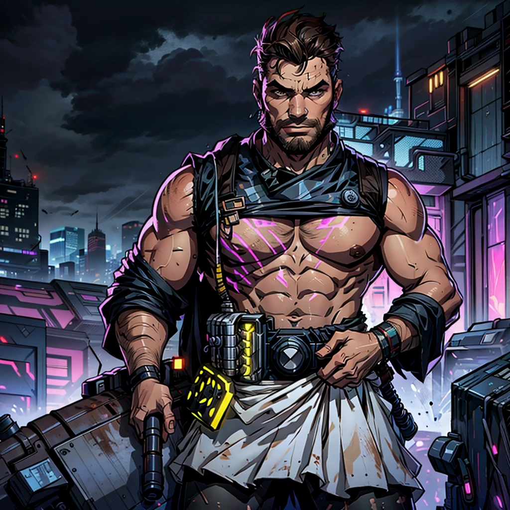Ultra-realistic RAW portrait of a traditional Scottish man, very hairy, with a large brown beard and short hair in a military-style cut, reimagined in a cyberpunk setting. He is wearing futuristic Scottish Highland attire, including a kilt with neon accents and synthetic animal hide, and is playing a high-tech bagpipe with glowing components. The scene is set on a high, muddy mountain with neon-lit skyscrapers in the background under a cloudy and rainy sky. The man is muddy and looks weathered by the elements, with cybernetic enhancements visible on his body. The lighting should feature vibrant neon colors and dramatic contrasts to highlight the intricate details of his attire, the texture of his beard, and the futuristic environment. Photographed with a professional DSLR camera to capture fine details and depth.