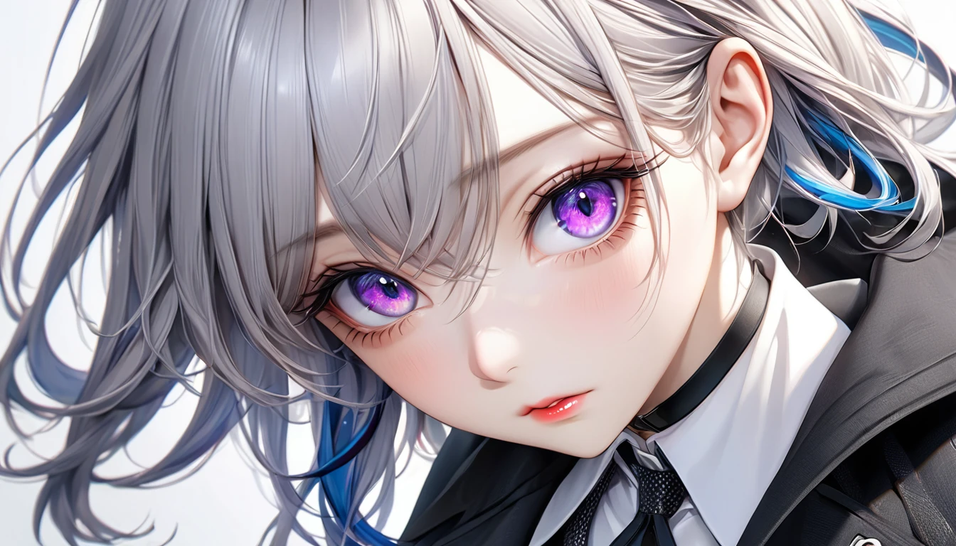 1 girl, anime, masterpiece, ultra-detailed, photorealistic, (best quality,4k,8k,highres,masterpiece:1.2),ultra-detailed,(realistic,photorealistic,photo-realistic:1.37), beautiful detailed eyes, beautiful detailed lips, extremely detailed eyes and face, long eyelashes, perfect body, perfect hand, perfect face, breast c cup, fox pupil, a blue headset in her neck, black choker, beautiful purple eye pupils, silver hair with blue streak, hair strands covering eye, black coat with mysterious pattern, white suit, black short skirt, black boots,  hand in pocket