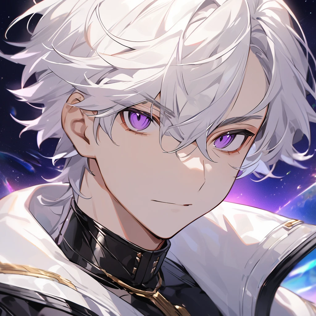 High quality, HD, 4k, no shadows, handsome male, 1male, 17 years old, teenager, golden lining, short white hair, sharp eyes, dark purple eyes, deep purple eyes, devil may cry, close up, calm expression, stoic expression, black leather clothes, white leather clothing, lean body, well trained body, upper body, looking at viewer, cowboy shot, white solar, space background