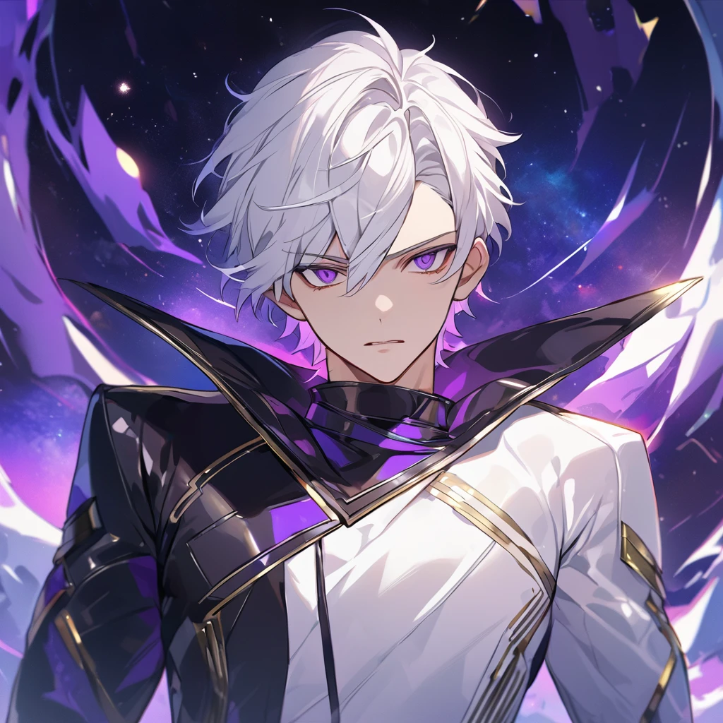 High quality, HD, 4k, no shadows, handsome male, 1male, , teenager, go lining, short white hair, sharp eyes, dark purple eyes, deep purple eyes, devil may cry, close up, calm expression, stoic expression, black leather clothes, white leather clothing, lean body, well trained body, upper body, looking at viewer, cowboy shot, white solar, space background