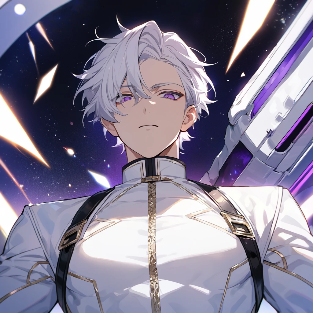 High quality, HD, 4k, no shadows, handsome male, 1male, 17 years old, teenager, golden lining, short white hair, sharp eyes, dark purple eyes, deep purple eyes, devil may cry, close up, calm expression, stoic expression, black leather clothes, white leather clothing, lean body, well trained body, upper body, looking at viewer, cowboy shot, white solar, space background