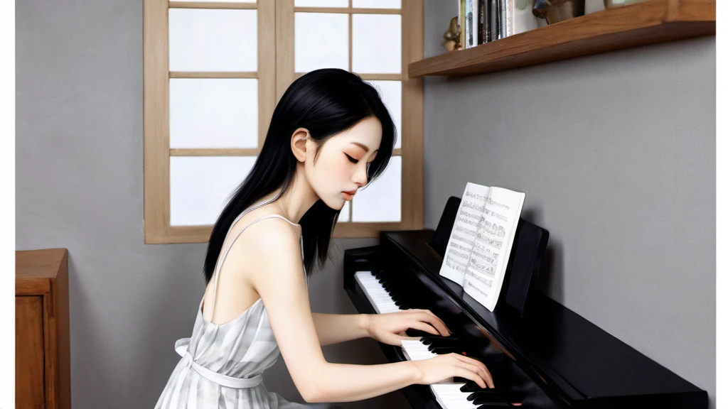 xxmixgirl,,Jing-Hao Zhang style, dark gray and light black, 8K resolution, Miho Hirano, character caricature, Albert Edelfeldt, playing the piano
