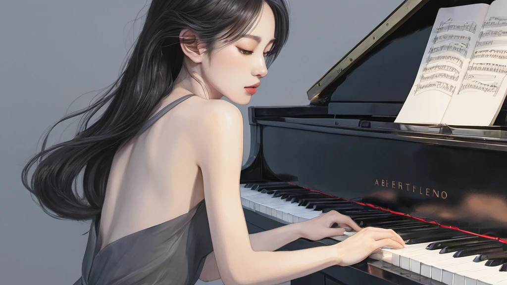 xxmixgirl,,Jing-Hao Zhang style, dark gray and light black, 8K resolution, Miho Hirano, character caricature, Albert Edelfeldt, playing the piano