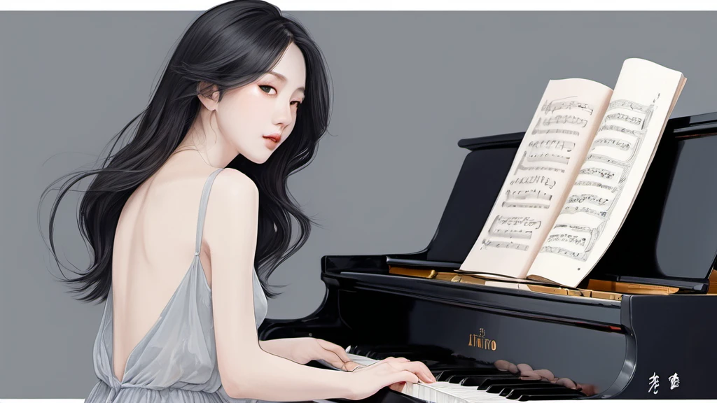 xxmixgirl,,Jing-Hao Zhang style, dark gray and light black, 8K resolution, Miho Hirano, character caricature, Albert Edelfeldt, playing the piano
