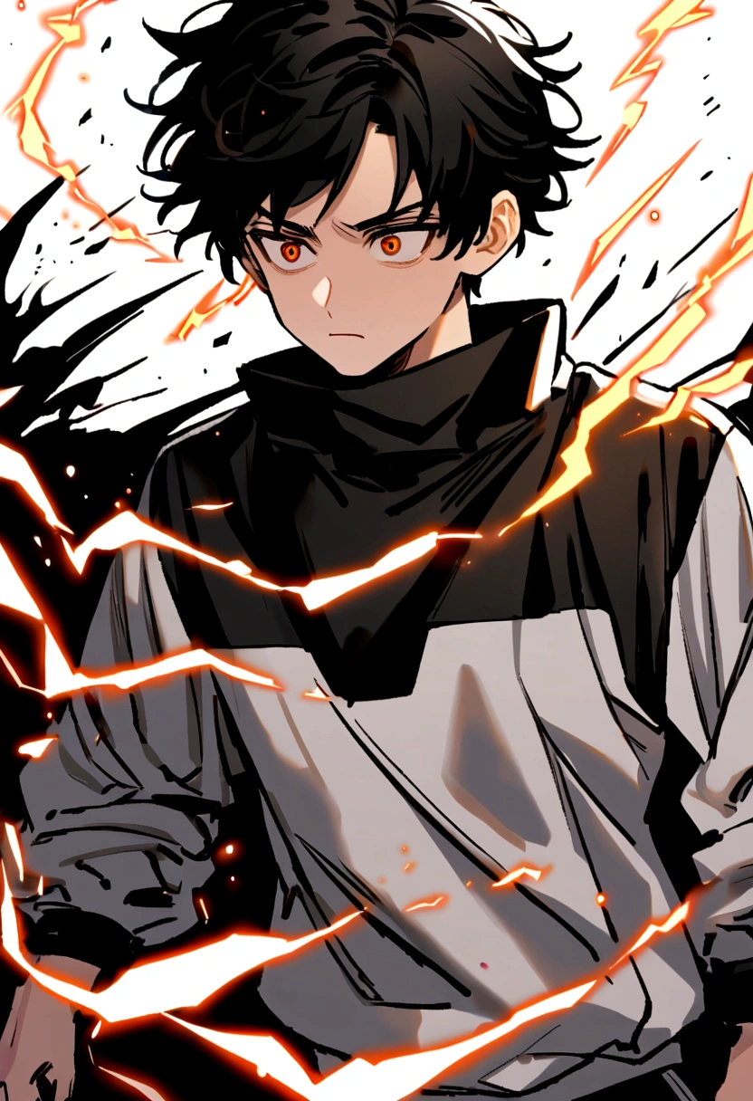 Man Long black hair black and white sweatshirt with orange electricity on his body with a worried look