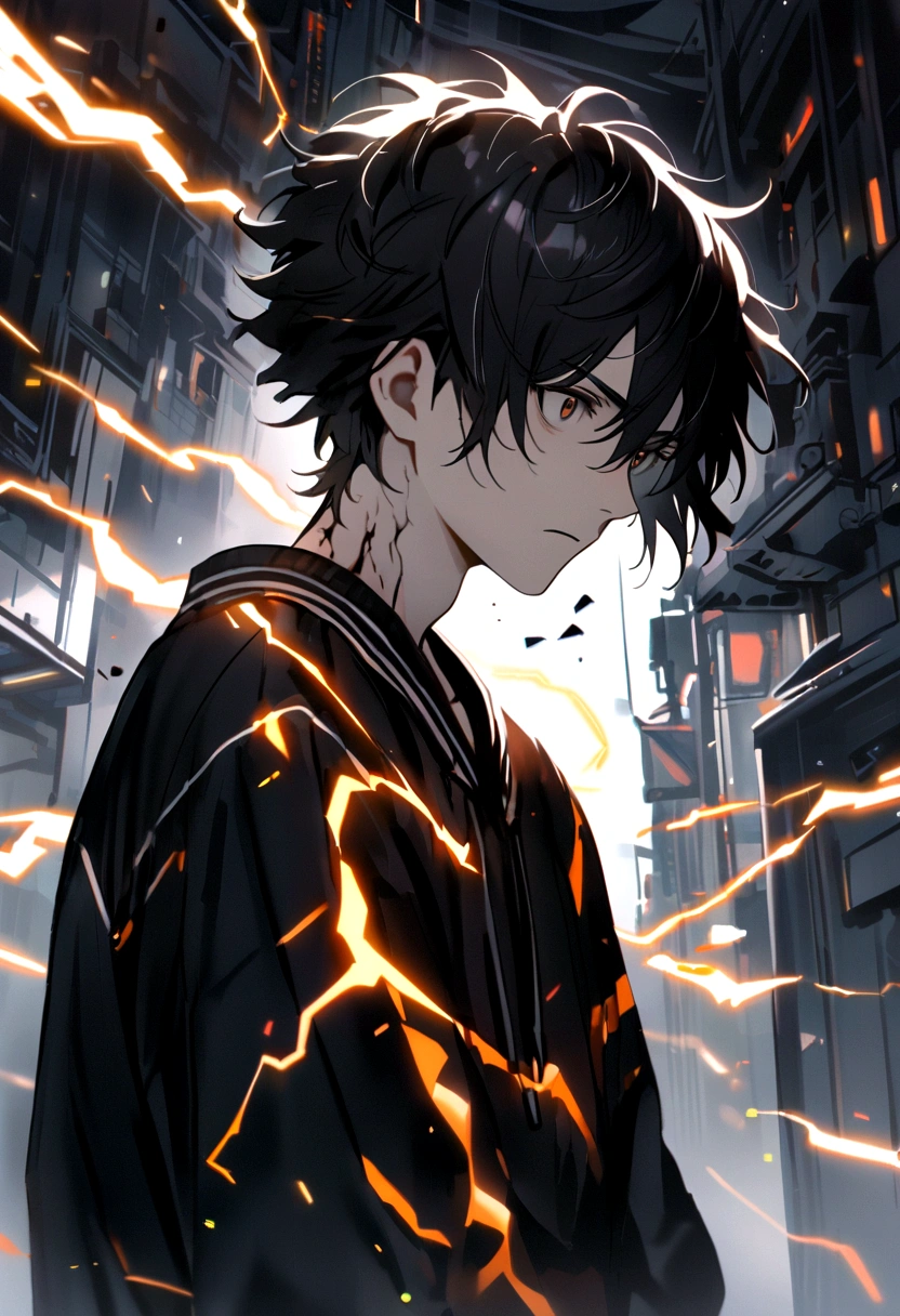 Man Long black hair black and white sweatshirt with orange electricity on his body with a worried look