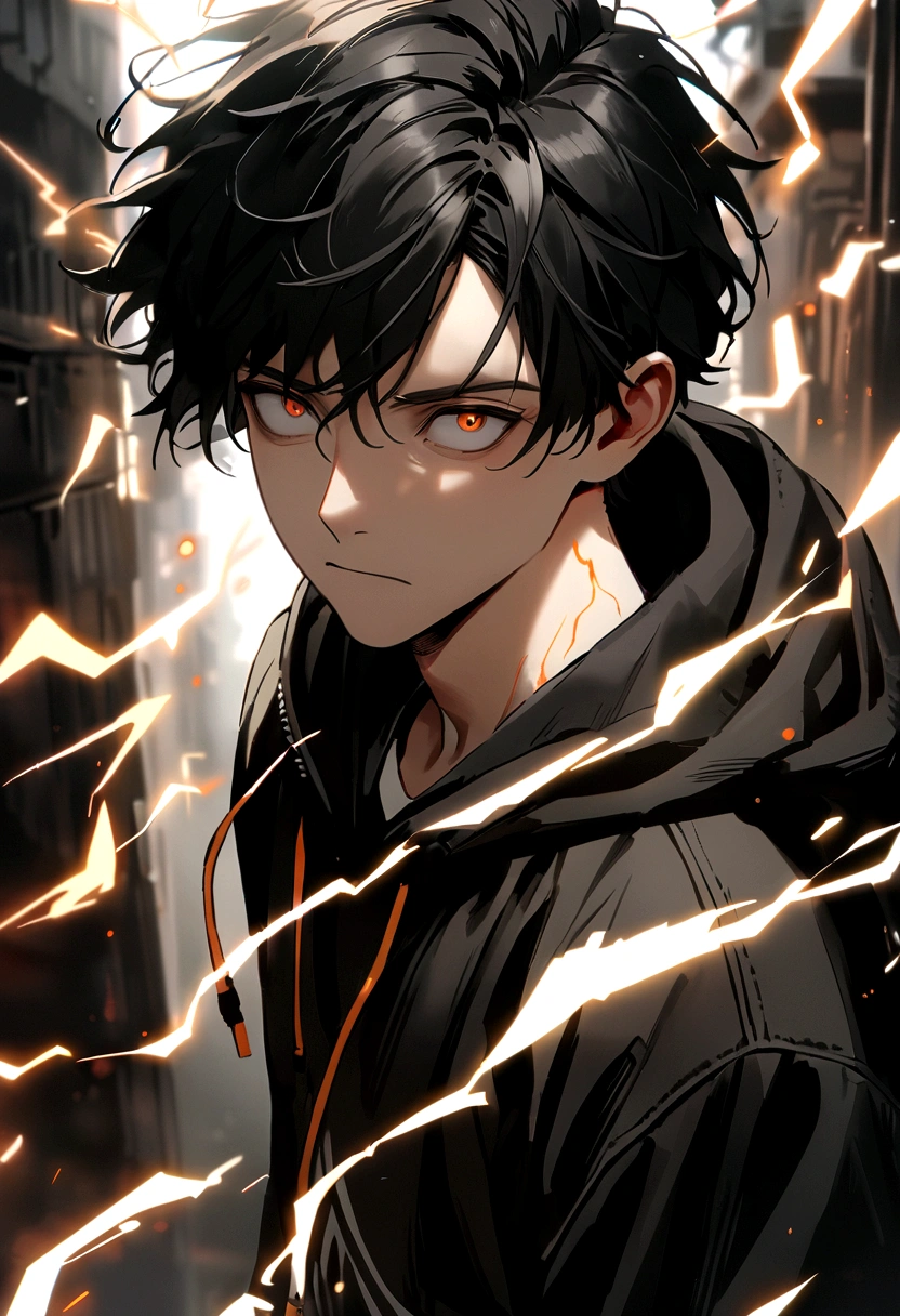 Man Long black hair black and white sweatshirt with orange electricity on his body with a worried look