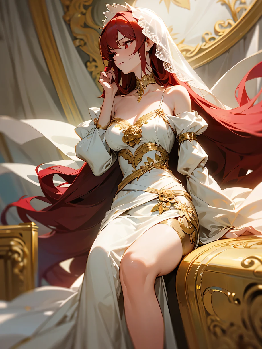 1 adult female, mature looking, grown female, tall, up to thighs, long red hair, pink eyes, white veil, One-shoulder dress with a single strap resting on the right, shoulder and a flowy, mid-thigh length skirt. Asymmetrical neckline with the strap wrapping around the back of the neck and connecting to a large, ornate gold rose ornament that acts as a choker on the left side of the bodice. Primarily white with gold accents, made from a light, flowing fabric with a slight sheen, 