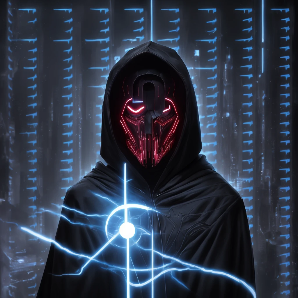Close-up of a person in a hoodie with a white question mark., Wear sci-fi cape with hood, A surreal hooded body., Sith Lords Obscured by Hats, Wily, Mysterious Person, ( ( hesitant ) ), Hooded body, DarkSynth character images, dmt entities, What 8k?, black transparent science fiction cover