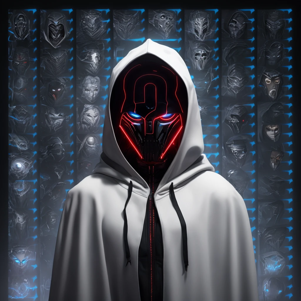 Close-up of a person in a hoodie with a white question mark., Wear sci-fi cape with hood, A surreal hooded body., Sith Lords Obscured by Hats, Wily, Mysterious Person, ( ( hesitant ) ), Hooded body, DarkSynth character images, dmt entities, What 8k?, black transparent science fiction cover