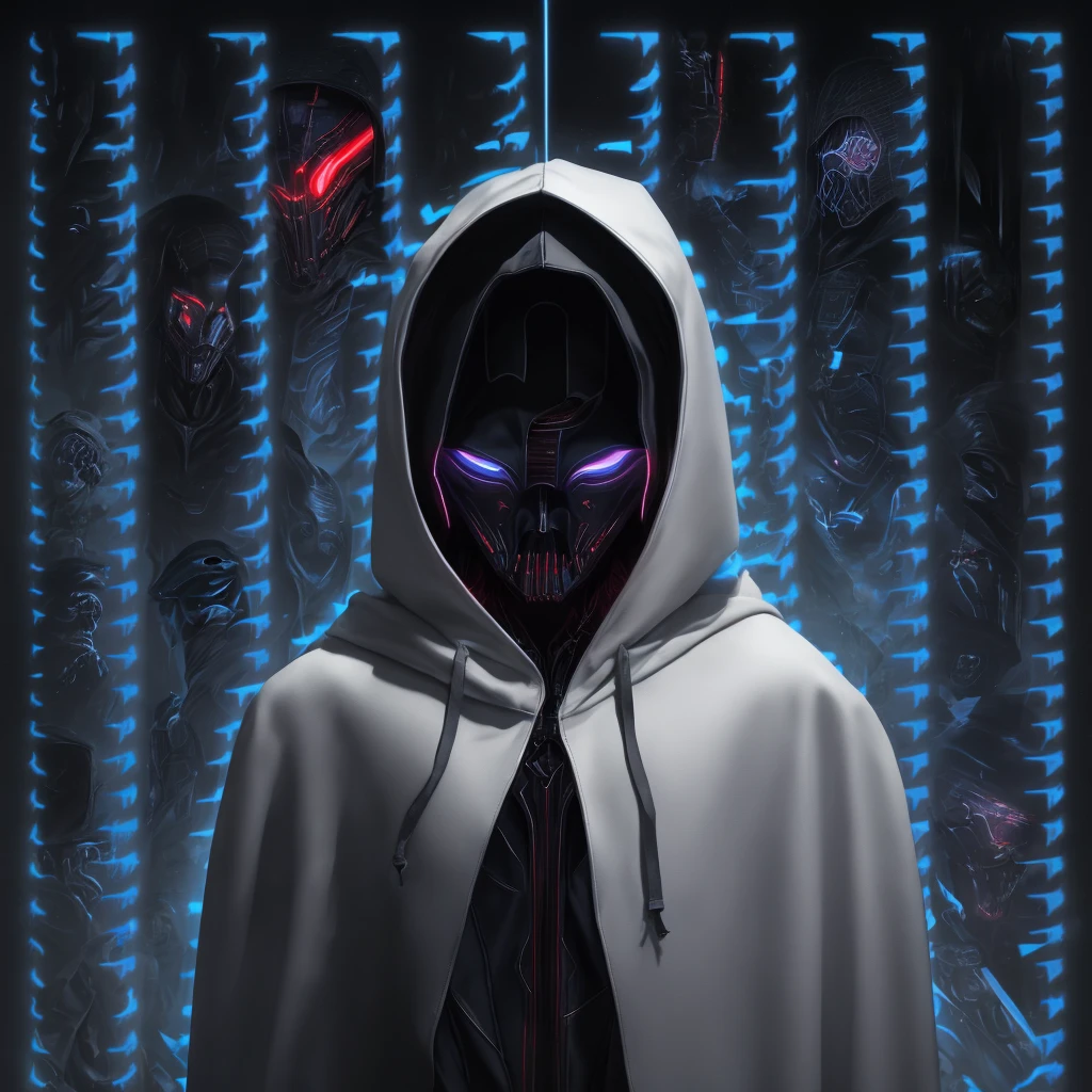Close-up of a person in a hoodie with a white question mark., Wear sci-fi cape with hood, A surreal hooded body., Sith Lords Obscured by Hats, Wily, Mysterious Person, ( ( hesitant ) ), Hooded body, DarkSynth character images, dmt entities, What 8k?, black transparent science fiction cover