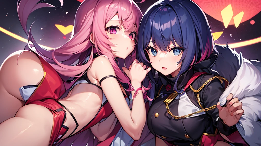 Illustration of 1 VTuber!
Her hair is a navy blue base with a pink gradation. Her bob hair is fluffy but curled outwards. Her eye color is a mix of red and gold.