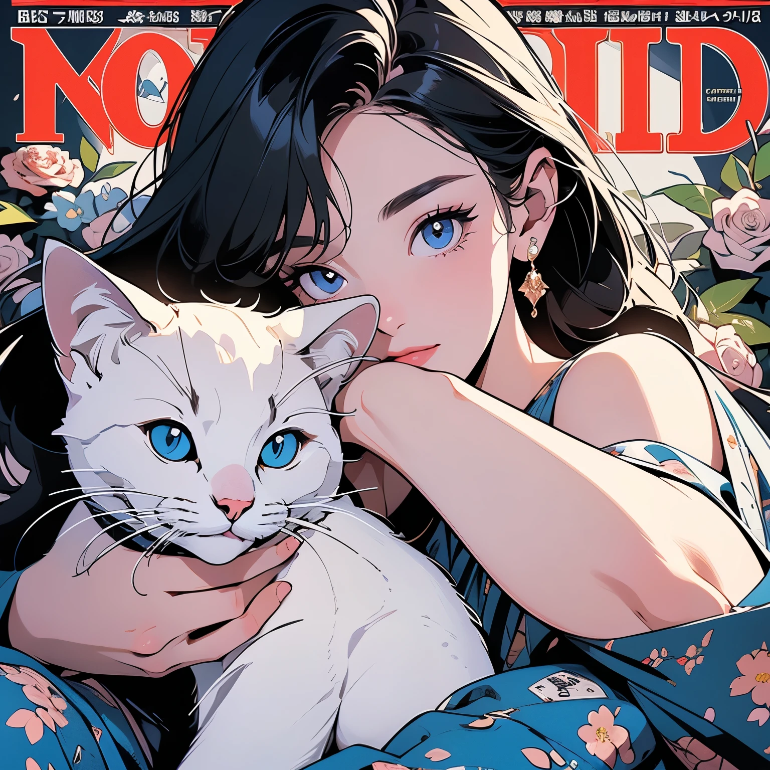1 cat, (((logo))), background white only, (((emblem))), 32k, ultra detailed, frame, blue, (((1 woman and cat))), sparkling eyes, corporate logo, golden, panoramic, long shot, front, (((perfect detailed flowers))), perfect wolf, ultra detailed cat, top quality, masterpiece,cowboy shot, Built using the Golden Ratio, Awards, Perfect composition, Ultra HD, (((Magazine cover))), Detailed hair, pale lighting, Perfect beautiful woman, mysterious, Light on the face.