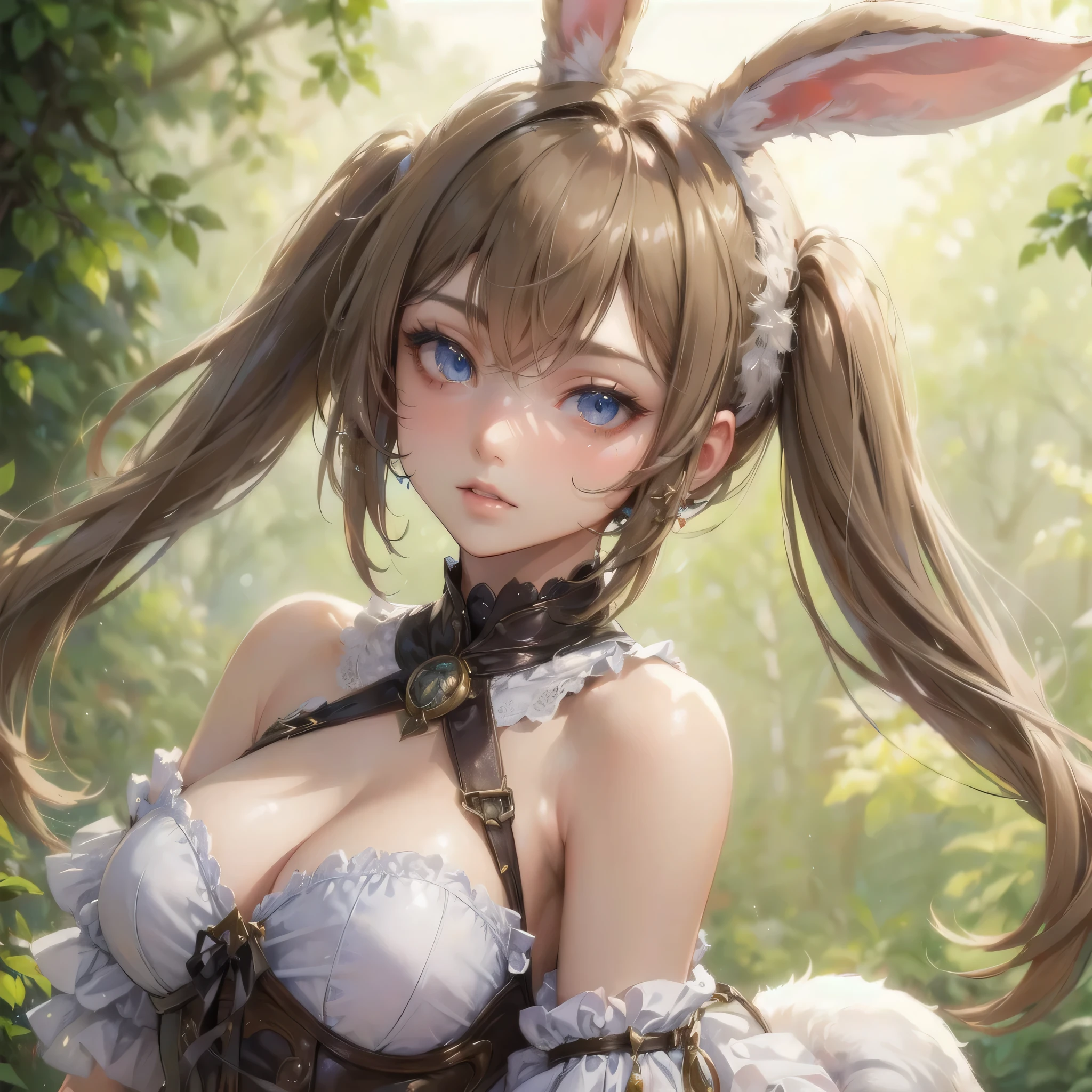 masterpiece, (textured skin), best quality, gorgeous beautiful girl, (a female rabbit ears,rabbit tail),,detailed clothes,large breasts,narrow waist,, (beautiful face), cinematic lighting, (fantasy anime art ),