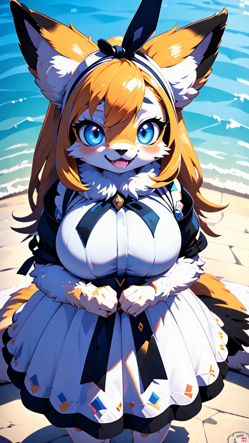 nipples are transparent:0.5,((Round eyebrows:1.5)),((furry ear:1.3)),((chibi:2.0)),(White dress with frills:1.5),((very large bust size:1.8)),(fluffy tail:1.5),(Skirt unfolds:1.5),(pop art:1.8),((Chubby:1.5)),((looking at the camera:1.5)),(furry foot:1.5),(Sparkling deep blue big eyes:1.7),(Fisheye lens:1.5),(open your mouth and laugh:1.5),((on a hill overlooking the lake:1.5)),(wolf tail),((long hair:1.7)),furry,(a large black ribbon:1.5),(luxury medieval fantasy costume:1.5),(highest quality,4k,8K,High resolution,masterpiece:1.2), Super detailed, (realistic,realistic,realistic:1.37), HDR, UHD, studio lightning, ultra-fine goodinting, sharp focus, Physically based rendering, extrine detail description, Professional, Bright colors, Bokeh, (in) you bring, landscape, photograph, concept artist (Style), (with) vibrant color goodlette, (good) soft lighting. jewelry, (gives titfuck) 