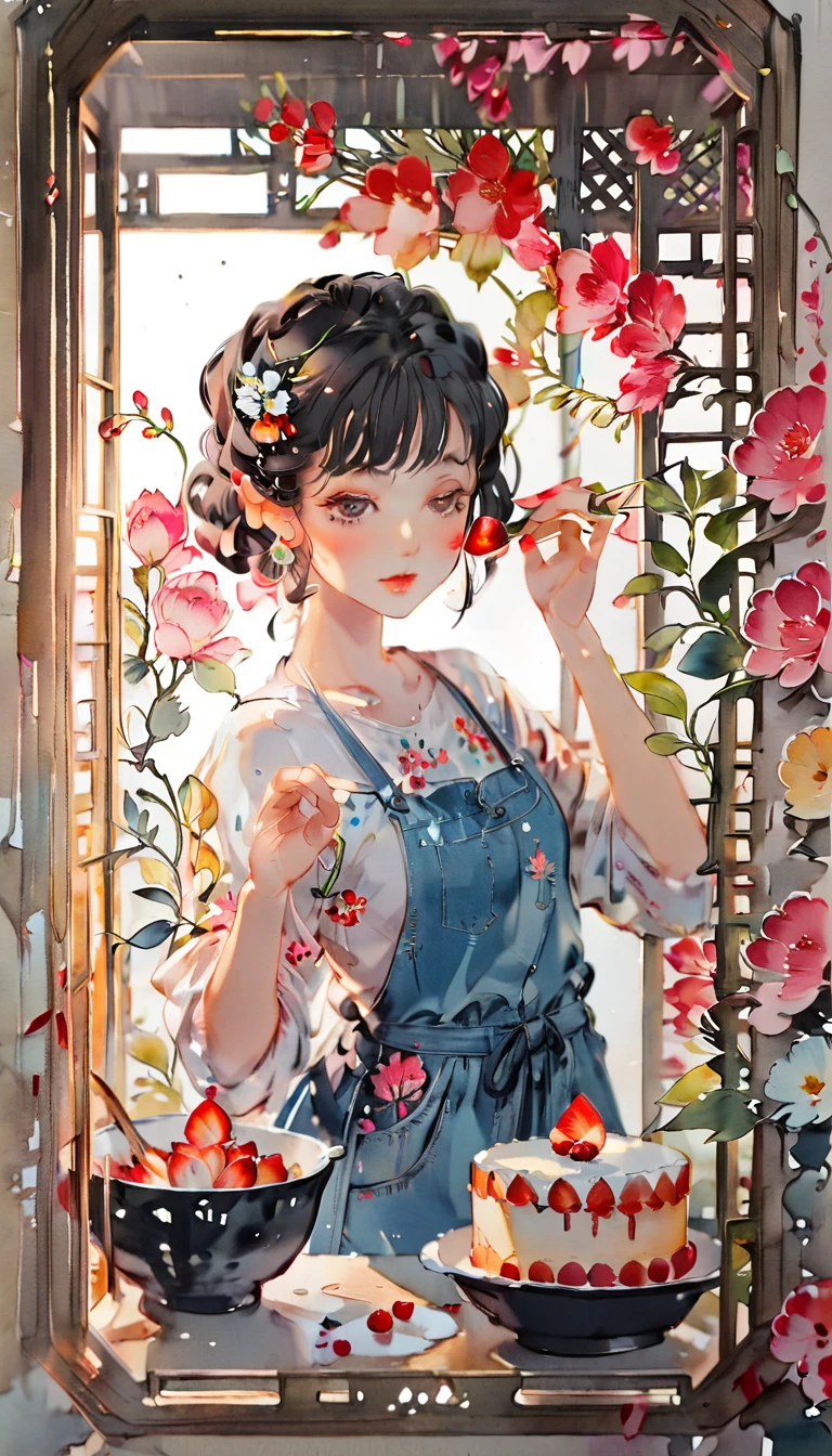 (((paper cutting style))), (frame of illustration is 3D paper cutting: 1.2), (denim and shirts), (black short hair), (random angle), (random pose), 1 girl, cooking cake