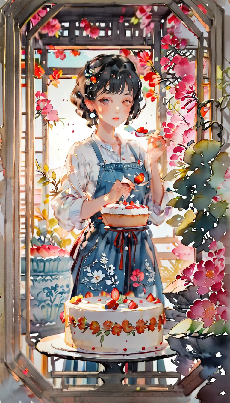 (((paper cutting style))), (frame of illustration is 3D paper cutting: 1.2), (denim and shirts), (black short hair), (random angle), (random pose), 1 girl, cooking cake