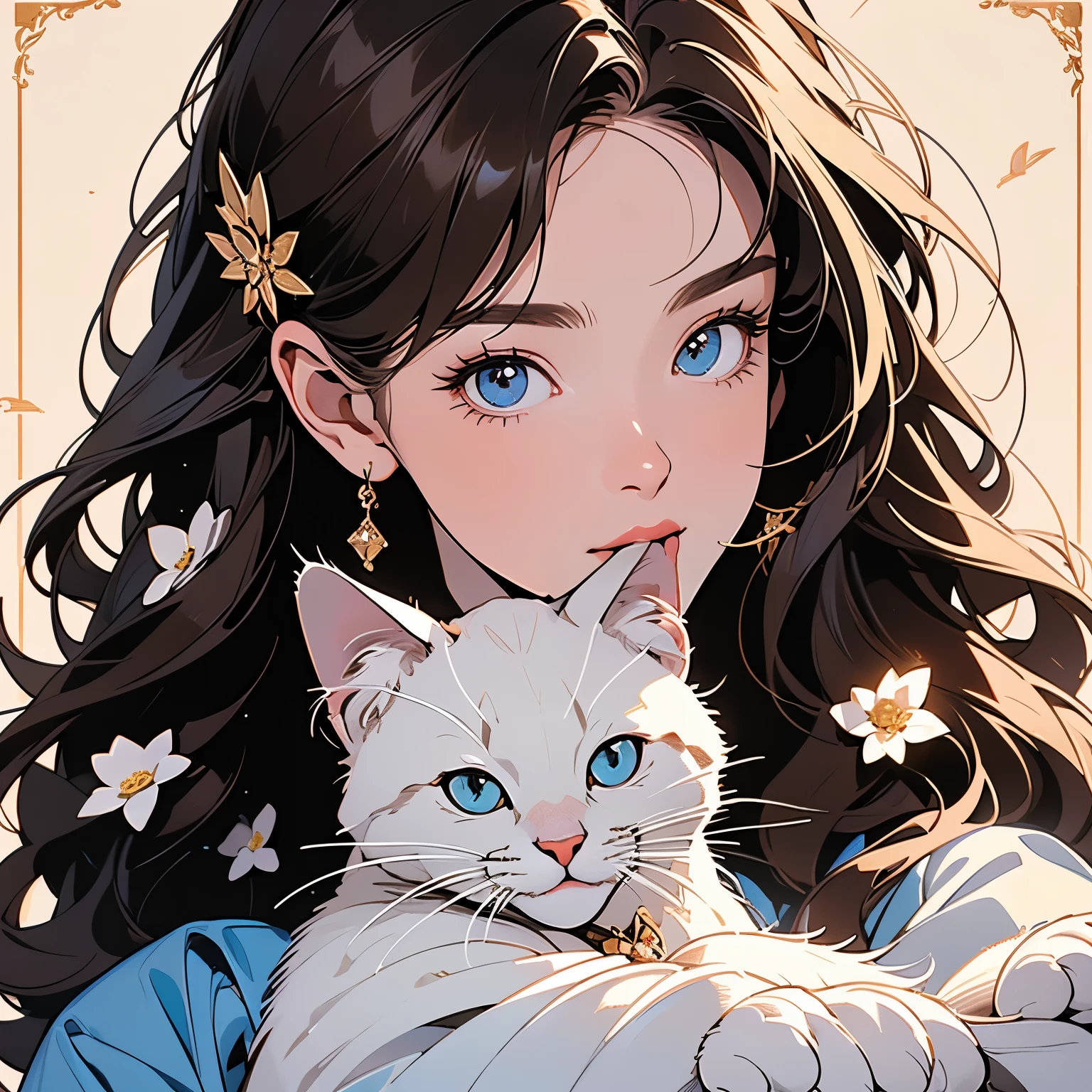 1 cat, (((logo))), background white only, (((emblem))), 32k, ultra detailed, frame, blue, (((1 woman and cat))), sparkling eyes, corporate logo, golden, panoramic, long shot, front, (((perfect detailed flowers))), perfect wolf, ultra detailed cat, top quality, masterpiece,cowboy shot, Built using the Golden Ratio, Awards, Perfect composition, Ultra HD, Magazine cover, Detailed hair, pale lighting, Perfect beautiful woman, mysterious, feather ornament, brown hair, Light on the face.
