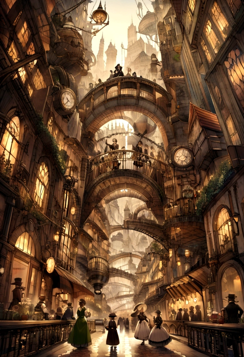 A bustling steampunk city lined with brass and steel skyscrapers、It is connected by a complex network of pipes and gears.。An airship floats in the air、Citizens dressed in Victorian clothing go about their daily lives。