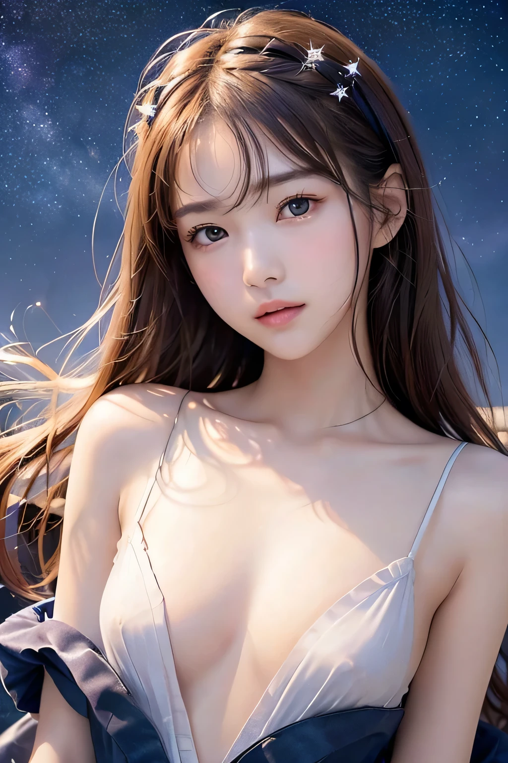 (masutepiece, Best Quality:1.2), 8K, Official art, Upper body naked、Five Fingers Photos'Body of, full body Esbian、Suit Beauty、Big Dipper in the background、star explosion、Beautiful barefoot woman with dark hair, hold a flame in your right hand、i'i'i'i'i'i'i'i'I'm holding a snowstorm in my left hand、Bright lava light rises above the broken Earth from beneath the asteroid belt(Jagged rock rocks and fragments shot into the air:1.3) (Storm of windy dust debris:1.1) Volume fogmist by trace Z、It can allow bright light from below to pass through、 (masterpiece) (top-quality) (detaileds) (8K) (电影灯光) (foco nítido) (Convoluted)A dark-haired、14years、small tits、A delightful、A smile、Beautiful girl with an incredibly outrageous upper body, Pretty Face, arching back down, Gold hair ornament on hair、Wearing a cute suit、close up, Wearing a suit, Short sleeve, gardenia, violaceaess, spaces , Looking at Viewer, Film grain, chromatic abberation, Sharp Focus, face lights, Dynamic lighting, Cinematic lighting, Eyes and faces with detailed, Bokeh background, (Tie with Emma written on it、1 copy:1.2)