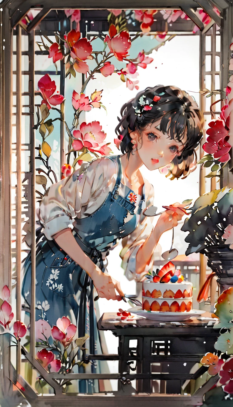 (((paper cutting style))), (frame of illustration is 3D paper cutting: 1.2), (denim and shirts), (black short hair), (random angle), (random pose), 1 girl, cooking cake