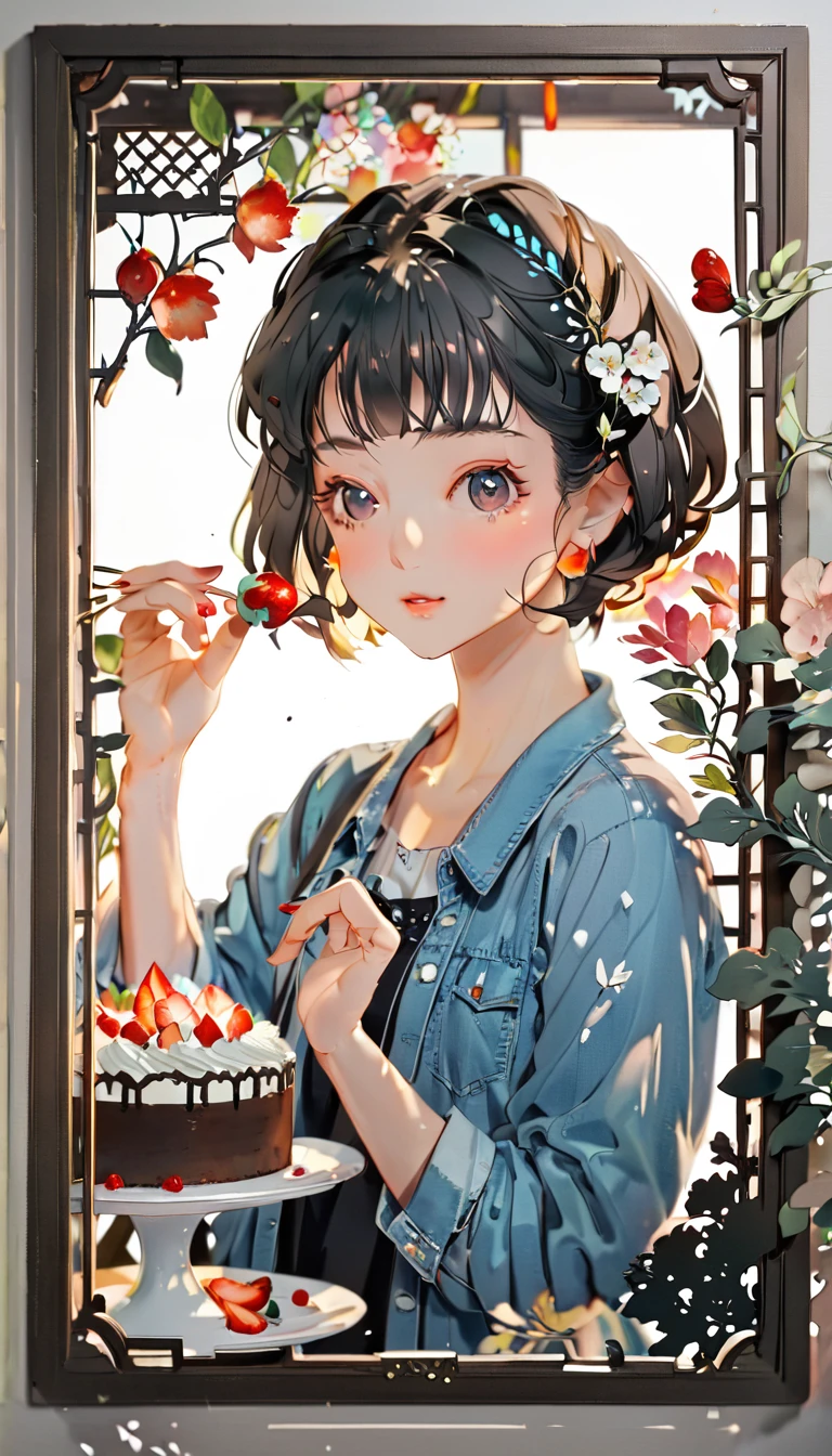 (((paper cutting style))), (frame of illustration is 3D paper cutting: 1.2), (denim and shirts), (black short hair), (random angle), (random pose), 1 girl, cooking cake