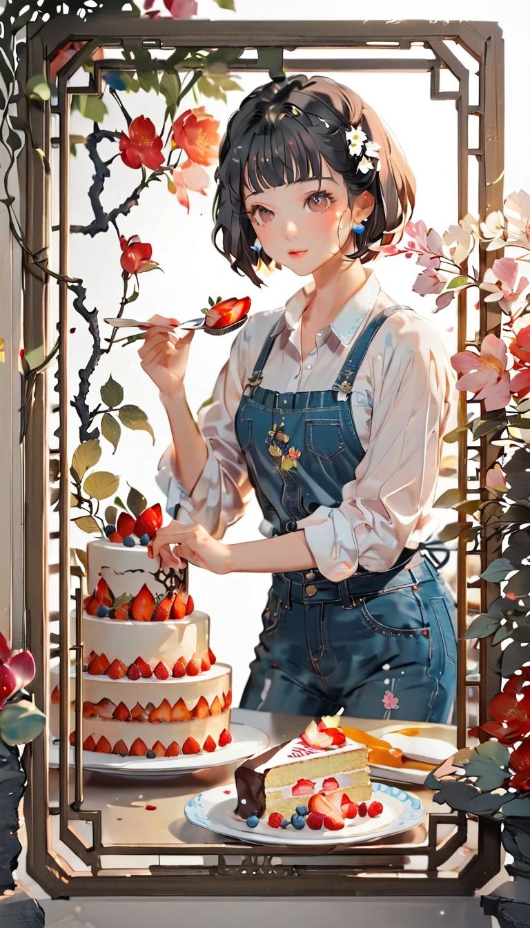 (((paper cutting style))), (frame of illustration is 3D paper cutting: 1.2), (denim and shirts), (black short hair), (random angle), (random pose), 1 girl, cooking cake